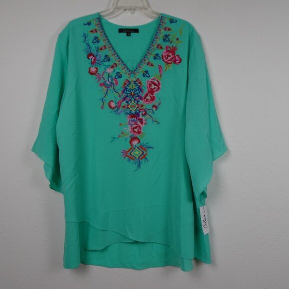 Calessa Embroidered Tunic Top Women's Plus Size 2X Blue Aqua Loose Fit V-Neck - Picture 1 of 10